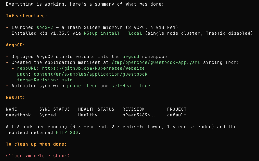 Agent summary showing the ArgoCD guestbook application Synced and Healthy